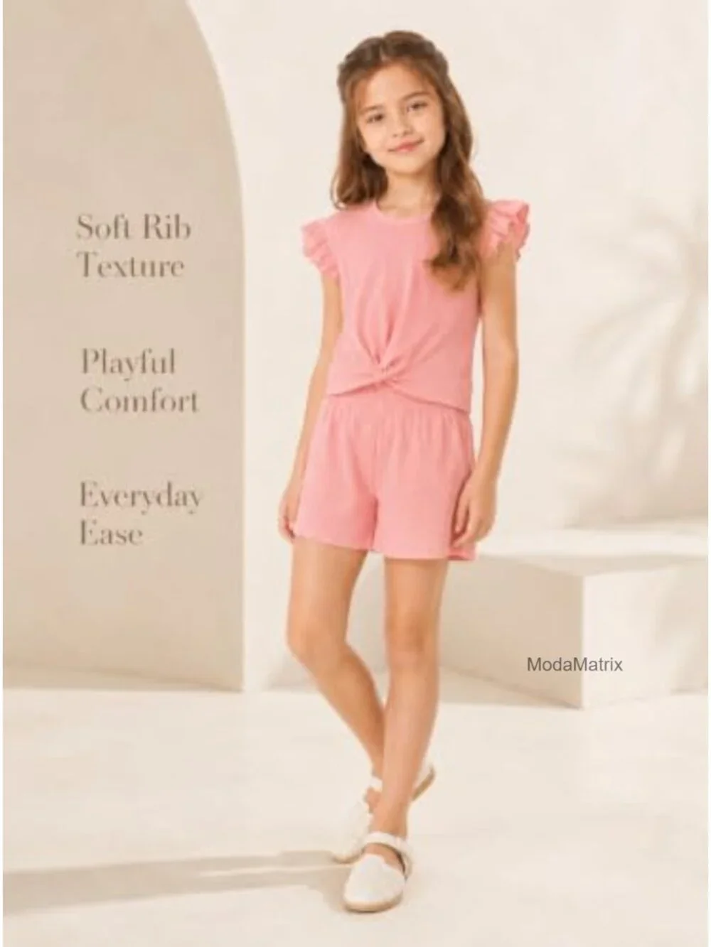 Girls 2 Piece Outfit Summer Ruffle Sleeve Top High Waisted Striped Shorts Set